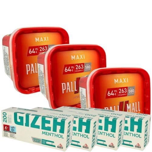 3x Pall Mall Maxi 263g Tabak + 4 x Gizeh Menthol 200 Hülsen - Sparpaket