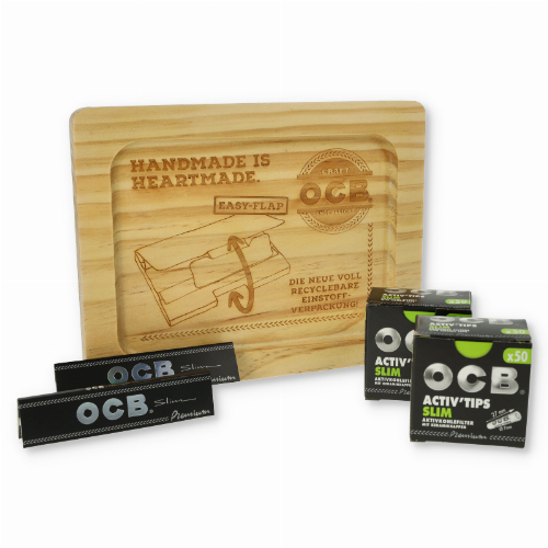 Aktion OCB Stopftablett aus Holz + 2 x Activ Tips 7 mm Slim 50er + 2 x OCB Schwarz Premium Long Slim Zigarettenpapier