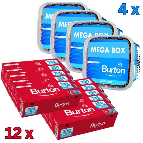 Burton Blue Tabak Sparpaket (4 x Burton Blue Eimer 290g) + (12 x Burton Zigarettenhülsen 200 Stück)