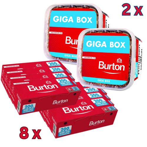 Burton Tabak Sparpaket (2 x Burton Rot Eimer 400g) + (8 x Burton Zigarettenhülsen 200 Stück)