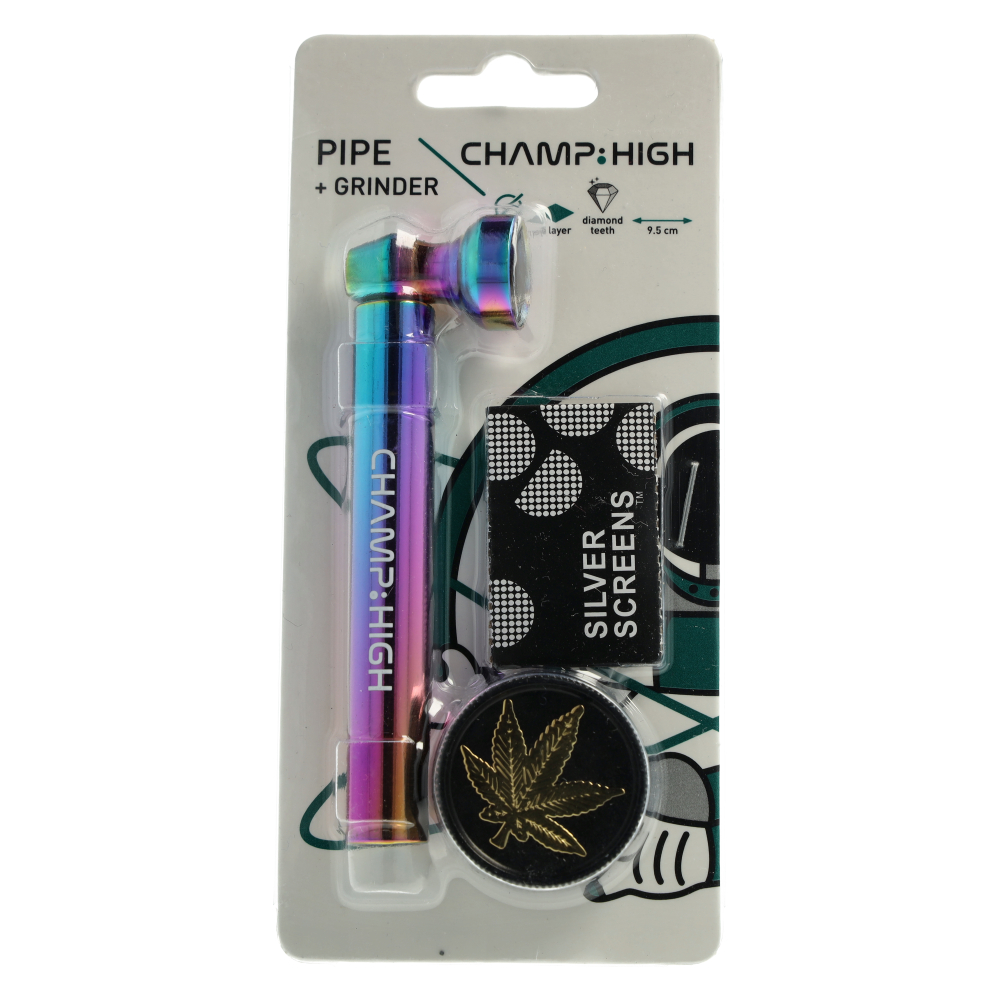 Champ High Rainbow Metallpfeife mit golden Weed Leaf Grinder und Screens