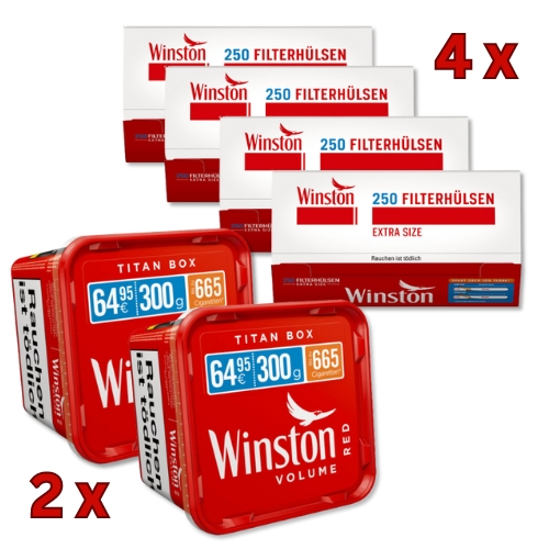 Winston 600g Tabak Sparpaket (2 x Winston 280g & 4 x 250 Stück Winston Hülsen)