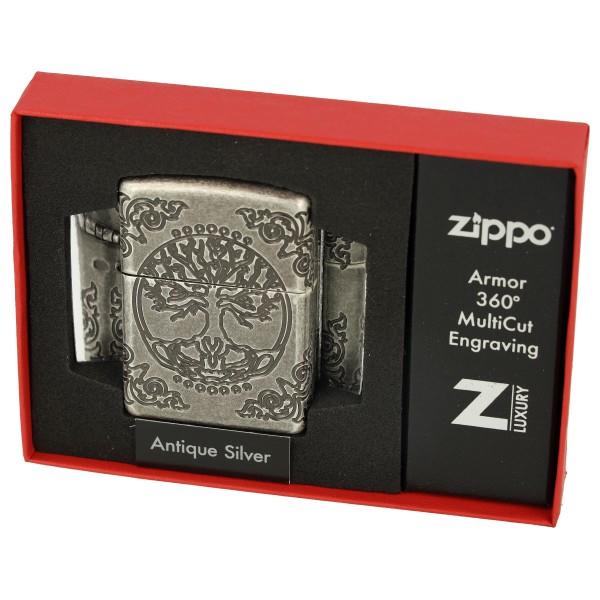 Zippo Feuerzeug silber antig Armor Case Lebensbaum 6004303 8-seitig tiefengraviert