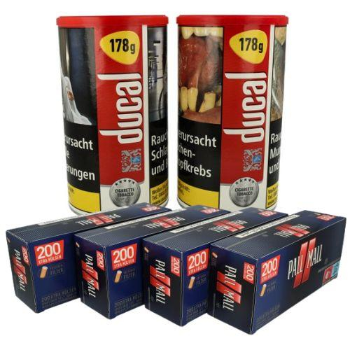 2 x Ducal Rot Zigaretten Tabak Dose Inhalt 178g + 4 x Pall Mall Rot Xtra 200 Stück Zigarettenhülsen