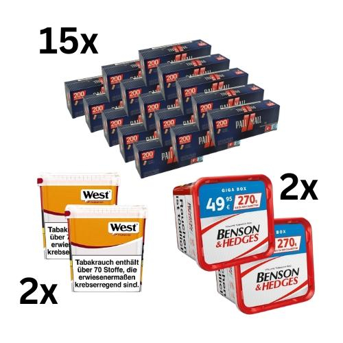 Benson & Hedges 540g & West Yellow 490g Tabak & Pall Mall Hülsen Sparpaket (2 x Benson & Hedges 270g & West Yellow 245g & 15 x 200 Stück Pall Mall Hülsen)