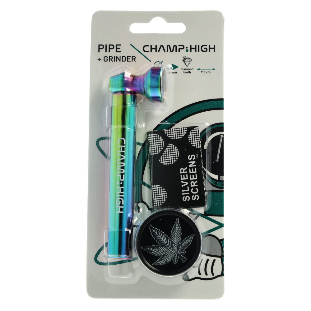 Champ High Rainbow Metallpfeife mit silber Weed Leaf Grinder und Screens