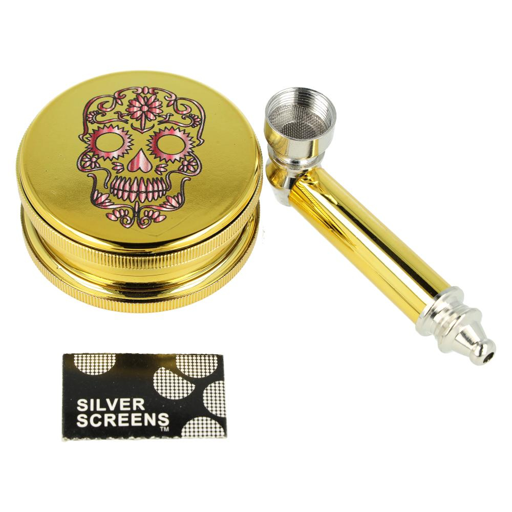 Dreamliner Skull Set mit Grinder, Pfeife und Siebe Gold Nr. 1