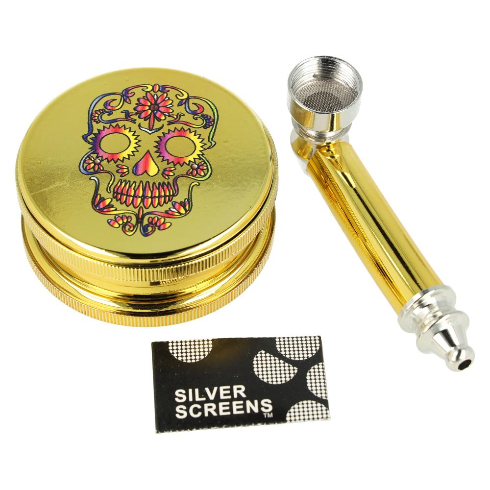 Dreamliner Skull Set mit Grinder, Pfeife und Siebe Gold Nr. 2