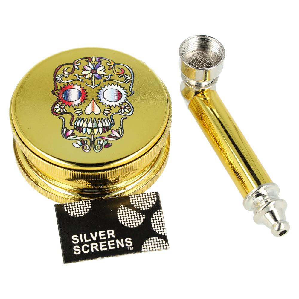 Dreamliner Skull Set mit Grinder, Pfeife und Siebe Gold Nr. 3