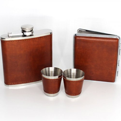 Angelo Flachmann Set Leder braun 6oz.