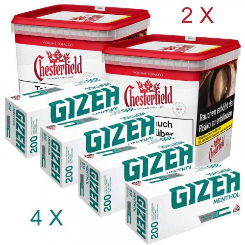 2x Chesterfield 260g Tabak + 4x Gizeh Menthol 200 Hülsen - Sparpaket