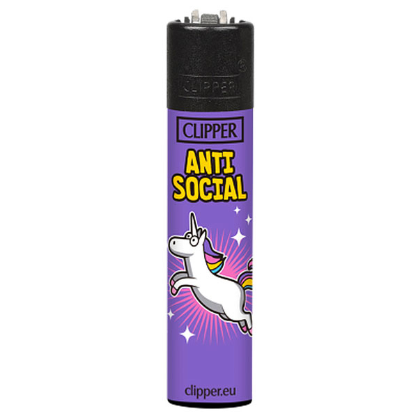 Clipper Feuerzeug Einhorn Slogan ANTI SOCIAL