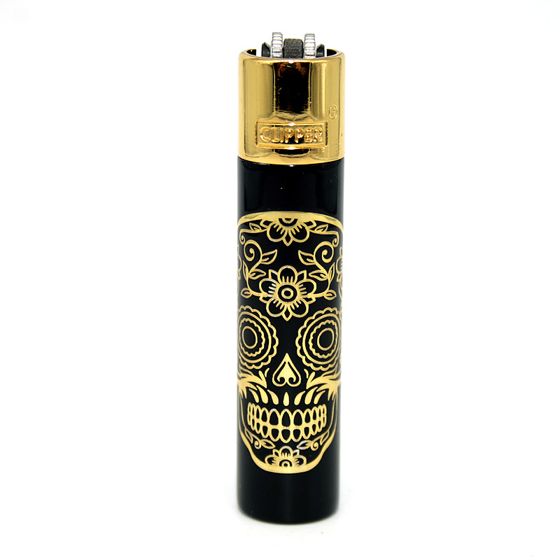 Clipper Feuerzeug Metall Mex Skulls gold