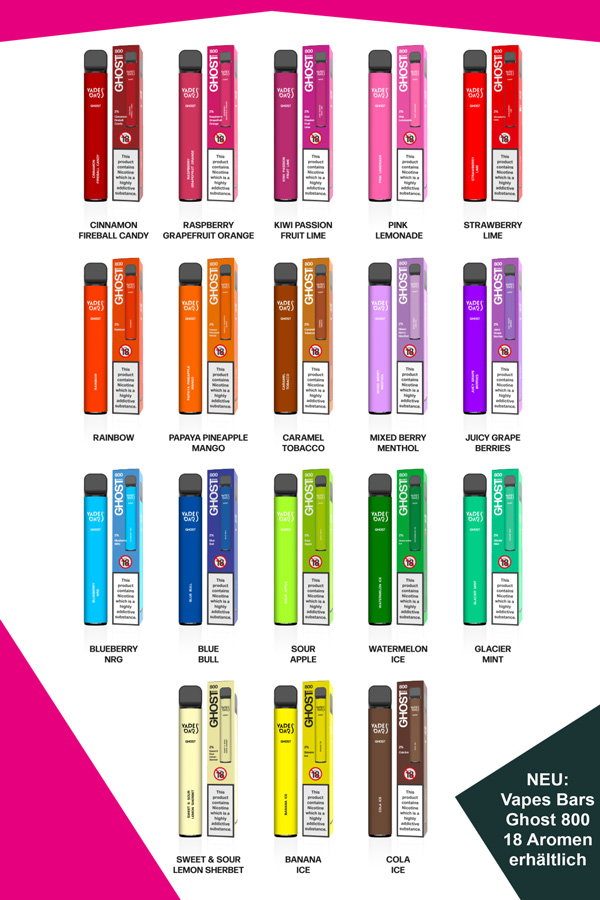 Vapes Bars Ghost Einweg E-Zigaretten mit bis zu 650 Züge in 18 unterschiedlichen Geschmacksrichtungen erhältlich